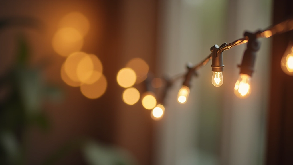 Close-up view of tension wire system with fairy lights clipped securely, showing proper wire tightness and hook installation