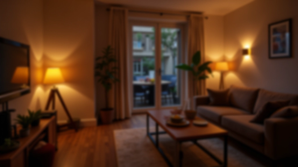 Modern London flat with layered warm lighting including table lamp and pendant lights creating ambient atmosphere