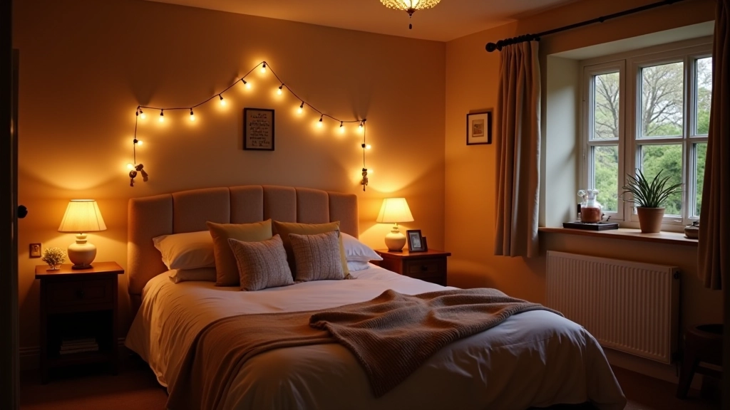 Cottage bedroom with warm lighting