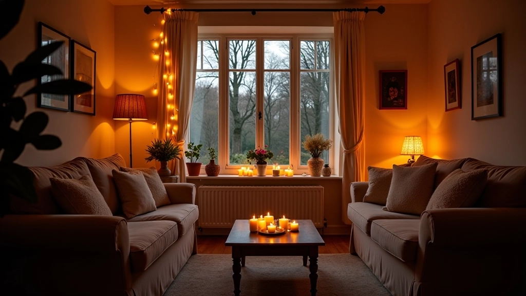 Warmly lit living room with ambient lighting and comfortable seating