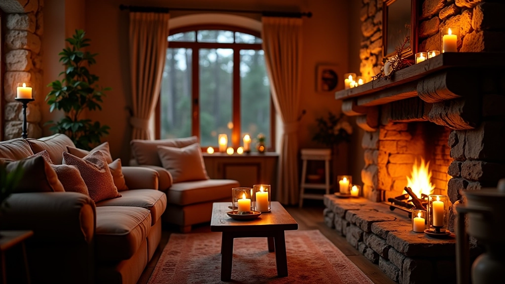 Cosy Scottish living room with layered warm lighting, candles, and comfortable seating by a window