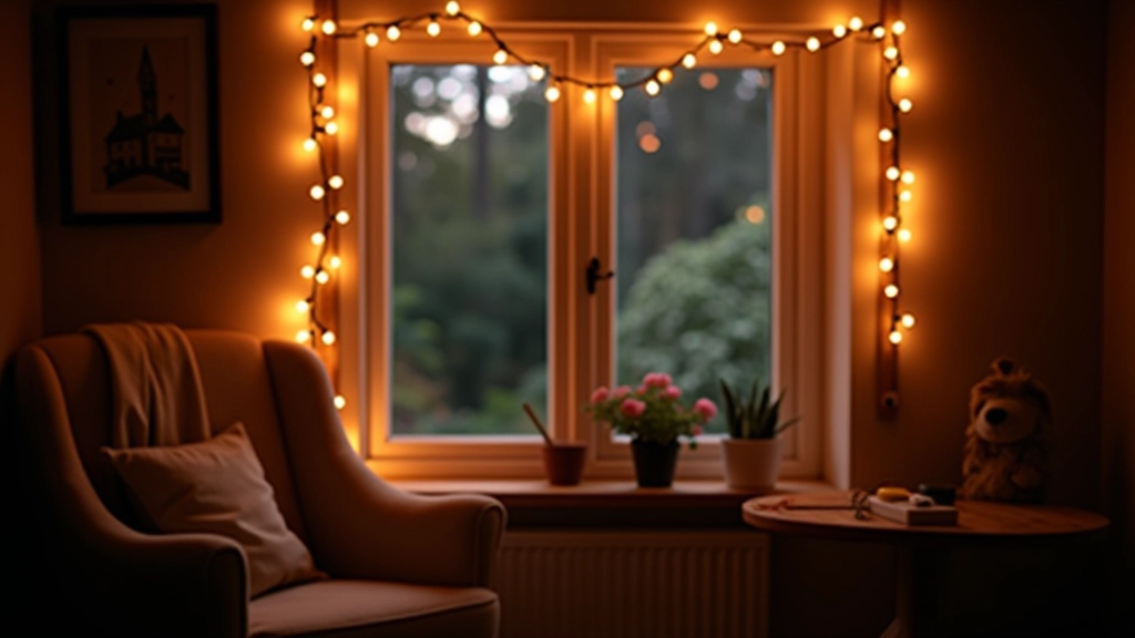 Warm fairy lights draped across a cottage window with autumn evening view outside