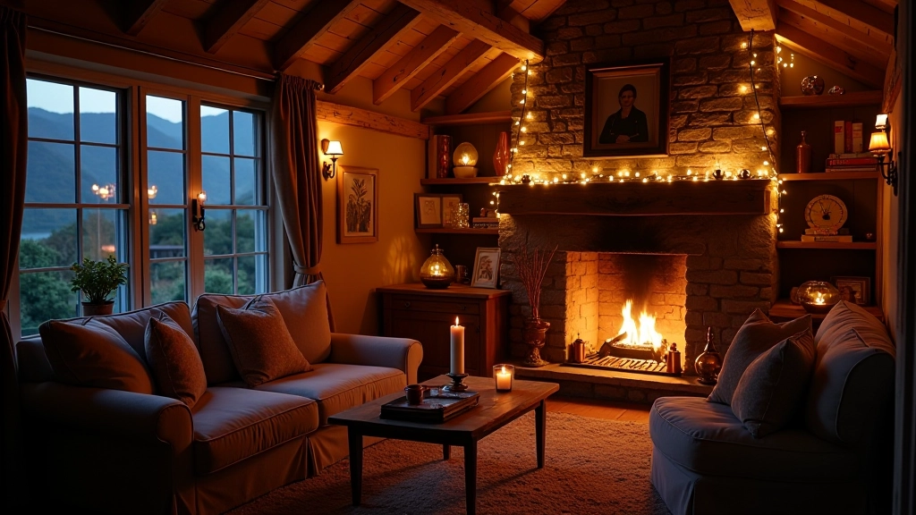Highland cottage interior with fireplace, warm lighting, and inviting seating area at dusk