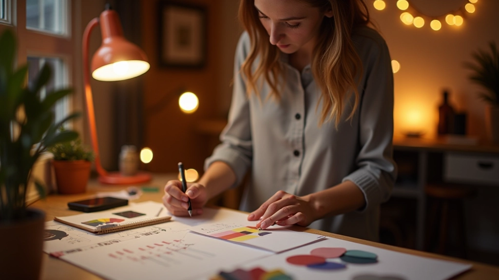 Design studio workspace with lighting samples and colour swatches