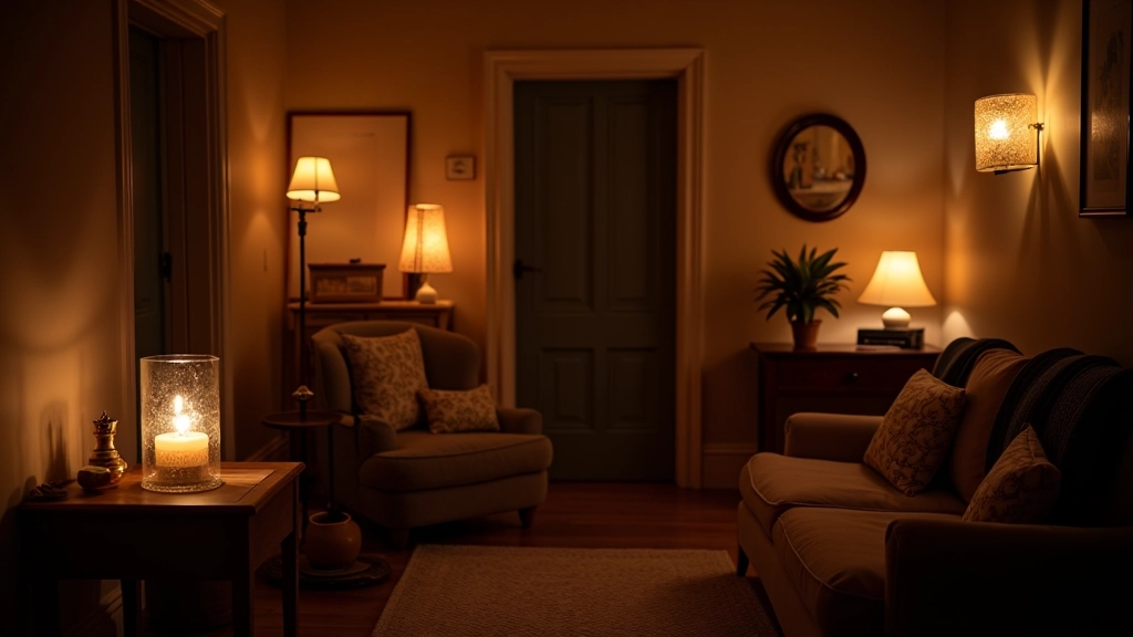 Multi-layered lighting setup in Scottish cottage with table lamps, wall sconces, and ambient floor lighting