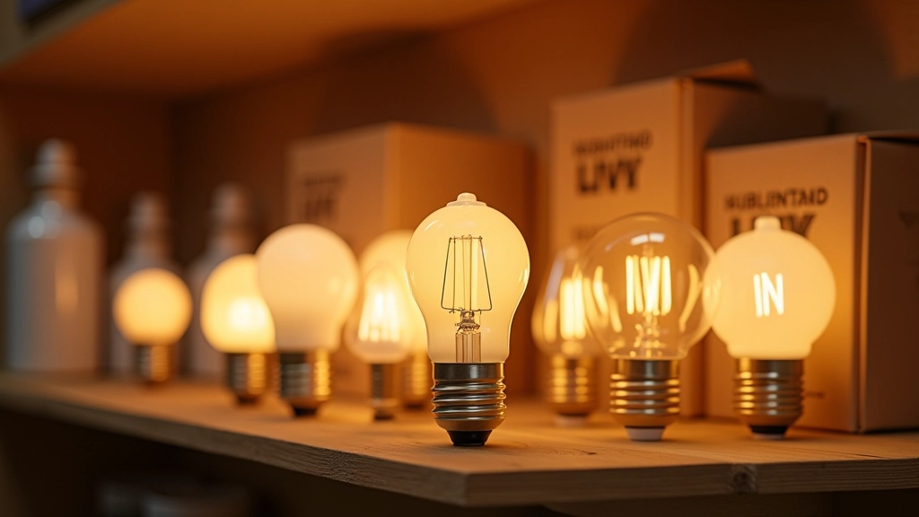 Collection of different light bulbs on shelf showing various types from incandescent to LED with warm colour temperature packaging