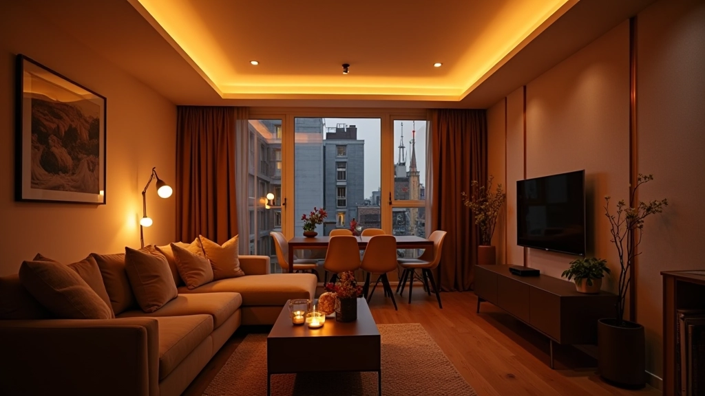 Warm ceiling light fixtures in a London apartment creating soft ambient lighting across the living space