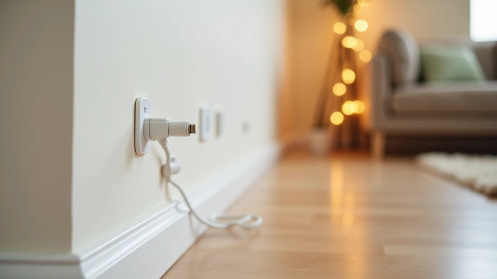 Neat cable management setup showing adhesive clips holding fairy light cables along skirting board and organized coiled excess wire