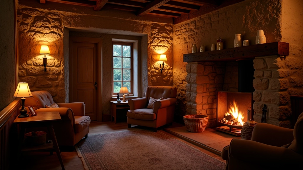 Rustic Scottish cottage interior with warm lamplight reflecting off stone walls during autumn evening