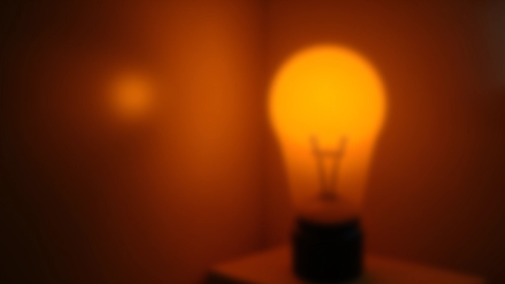 Close-up of warm colour temperature LED bulb glowing with soft orange-yellow light in a modern lamp fixture